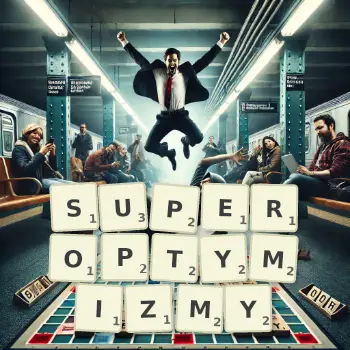 Kreatywna ilustracja do gry w Scrabble ze słowem SUPEROPTYMIZMY ułożonym z płytek na planszy.