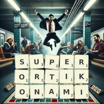 Kreatywna ilustracja do gry w Scrabble ze słowem SUPERORTIKONAMI ułożonym z płytek na planszy.