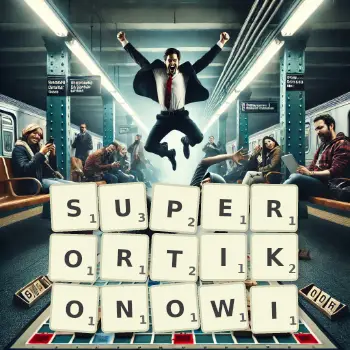 Kreatywna ilustracja do gry w Scrabble ze słowem SUPERORTIKONOWI ułożonym z płytek na planszy.