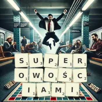 Kreatywna ilustracja do gry w Scrabble ze słowem SUPEROWOŚCIAMI ułożonym z płytek na planszy.