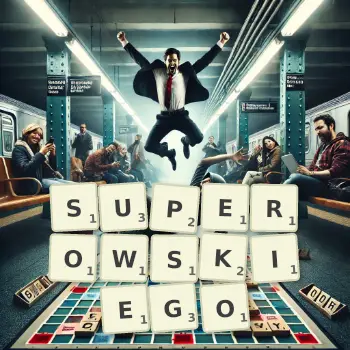 Kreatywna ilustracja do gry w Scrabble ze słowem SUPEROWSKIEGO ułożonym z płytek na planszy.