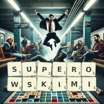 Kreatywna ilustracja do gry w Scrabble ze słowem SUPEROWSKIMI ułożonym z płytek na planszy.