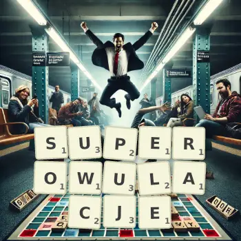 Kreatywna ilustracja do gry w Scrabble ze słowem SUPEROWULACJE ułożonym z płytek na planszy.