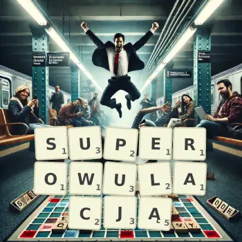 Kreatywna ilustracja do gry w Scrabble ze słowem SUPEROWULACJĄ ułożonym z płytek na planszy.