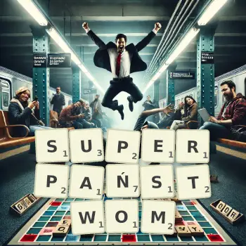 Kreatywna ilustracja do gry w Scrabble ze słowem SUPERPAŃSTWOM ułożonym z płytek na planszy.