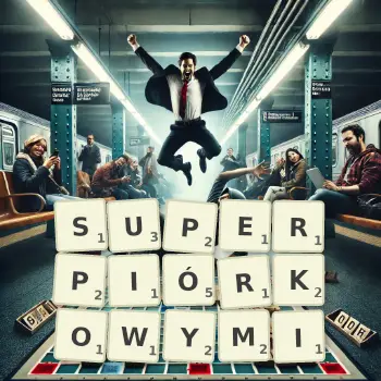 Kreatywna ilustracja do gry w Scrabble ze słowem SUPERPIÓRKOWYMI ułożonym z płytek na planszy.