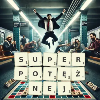 Kreatywna ilustracja do gry w Scrabble ze słowem SUPERPOTĘŻNEJ ułożonym z płytek na planszy.