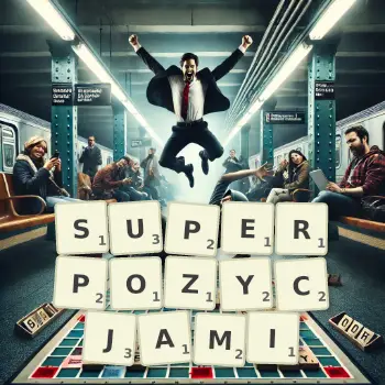 Kreatywna ilustracja do gry w Scrabble ze słowem SUPERPOZYCJAMI ułożonym z płytek na planszy.
