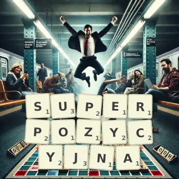Kreatywna ilustracja do gry w Scrabble ze słowem SUPERPOZYCYJNA ułożonym z płytek na planszy.