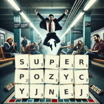 Kreatywna ilustracja do gry w Scrabble ze słowem SUPERPOZYCYJNEJ ułożonym z płytek na planszy.