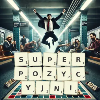 Kreatywna ilustracja do gry w Scrabble ze słowem SUPERPOZYCYJNI ułożonym z płytek na planszy.