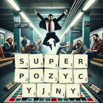 Kreatywna ilustracja do gry w Scrabble ze słowem SUPERPOZYCYJNY ułożonym z płytek na planszy.
