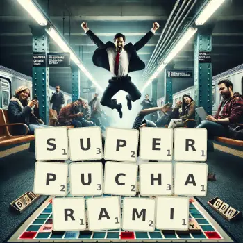 Kreatywna ilustracja do gry w Scrabble ze słowem SUPERPUCHARAMI ułożonym z płytek na planszy.