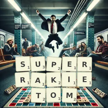 Kreatywna ilustracja do gry w Scrabble ze słowem SUPERRAKIETOM ułożonym z płytek na planszy.