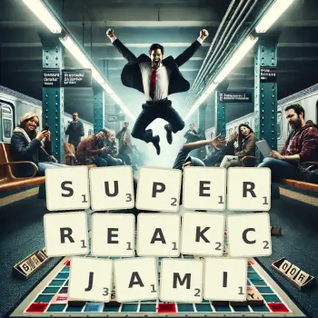 Kreatywna ilustracja do gry w Scrabble ze słowem SUPERREAKCJAMI ułożonym z płytek na planszy.