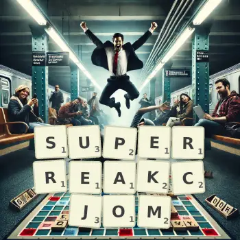 Kreatywna ilustracja do gry w Scrabble ze słowem SUPERREAKCJOM ułożonym z płytek na planszy.