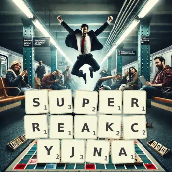 Kreatywna ilustracja do gry w Scrabble ze słowem SUPERREAKCYJNA ułożonym z płytek na planszy.