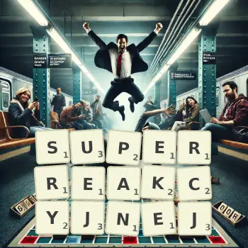 Kreatywna ilustracja do gry w Scrabble ze słowem SUPERREAKCYJNEJ ułożonym z płytek na planszy.