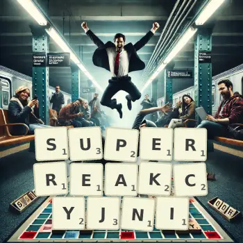 Kreatywna ilustracja do gry w Scrabble ze słowem SUPERREAKCYJNI ułożonym z płytek na planszy.
