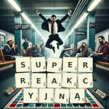 Kreatywna ilustracja do gry w Scrabble ze słowem SUPERREAKCYJNĄ ułożonym z płytek na planszy.