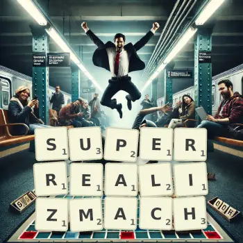 Kreatywna ilustracja do gry w Scrabble ze słowem SUPERREALIZMACH ułożonym z płytek na planszy.