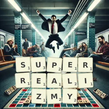 Kreatywna ilustracja do gry w Scrabble ze słowem SUPERREALIZMY ułożonym z płytek na planszy.