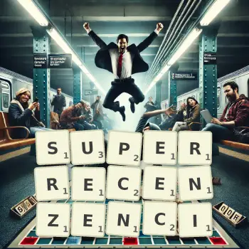 Kreatywna ilustracja do gry w Scrabble ze słowem SUPERRECENZENCI ułożonym z płytek na planszy.