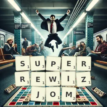 Kreatywna ilustracja do gry w Scrabble ze słowem SUPERREWIZJOM ułożonym z płytek na planszy.