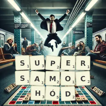 Kreatywna ilustracja do gry w Scrabble ze słowem SUPERSAMOCHÓD ułożonym z płytek na planszy.