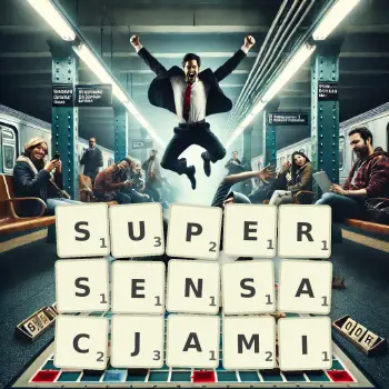 Kreatywna ilustracja do gry w Scrabble ze słowem SUPERSENSACJAMI ułożonym z płytek na planszy.