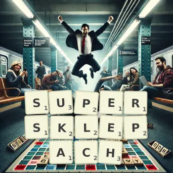 Kreatywna ilustracja do gry w Scrabble ze słowem SUPERSKLEPACH ułożonym z płytek na planszy.