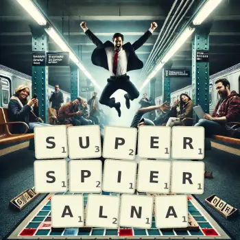 Kreatywna ilustracja do gry w Scrabble ze słowem SUPERSPIERALNA ułożonym z płytek na planszy.