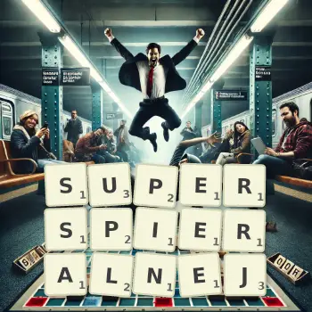 Kreatywna ilustracja do gry w Scrabble ze słowem SUPERSPIERALNEJ ułożonym z płytek na planszy.