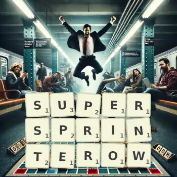 Kreatywna ilustracja do gry w Scrabble ze słowem SUPERSPRINTEROW ułożonym z płytek na planszy.