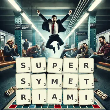 Kreatywna ilustracja do gry w Scrabble ze słowem SUPERSYMETRIAMI ułożonym z płytek na planszy.