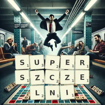 Kreatywna ilustracja do gry w Scrabble ze słowem SUPERSZCZELNI ułożonym z płytek na planszy.