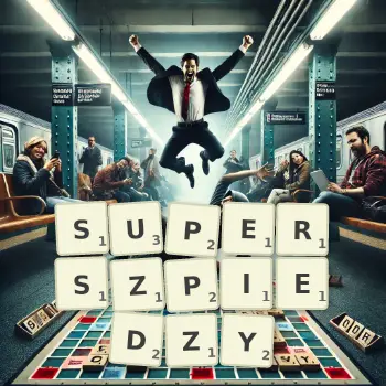 Kreatywna ilustracja do gry w Scrabble ze słowem SUPERSZPIEDZY ułożonym z płytek na planszy.