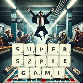 Kreatywna ilustracja do gry w Scrabble ze słowem SUPERSZPIEGAMI ułożonym z płytek na planszy.