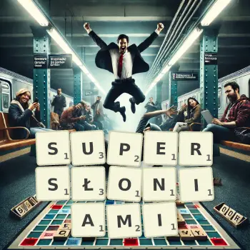 Kreatywna ilustracja do gry w Scrabble ze słowem SUPERSŁONIAMI ułożonym z płytek na planszy.