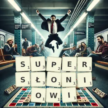 Kreatywna ilustracja do gry w Scrabble ze słowem SUPERSŁONIOWI ułożonym z płytek na planszy.