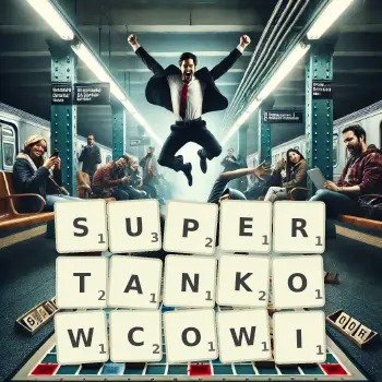 Kreatywna ilustracja do gry w Scrabble ze słowem SUPERTANKOWCOWI ułożonym z płytek na planszy.