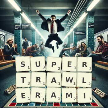 Kreatywna ilustracja do gry w Scrabble ze słowem SUPERTRAWLERAMI ułożonym z płytek na planszy.