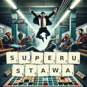 Kreatywna ilustracja do gry w Scrabble ze słowem SUPERUSTAWA ułożonym z płytek na planszy.