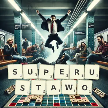 Kreatywna ilustracja do gry w Scrabble ze słowem SUPERUSTAWO ułożonym z płytek na planszy.