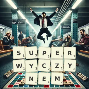 Kreatywna ilustracja do gry w Scrabble ze słowem SUPERWYCZYNEM ułożonym z płytek na planszy.