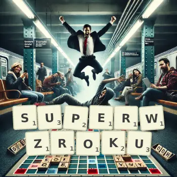 Kreatywna ilustracja do gry w Scrabble ze słowem SUPERWZROKU ułożonym z płytek na planszy.