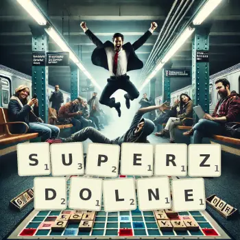 Kreatywna ilustracja do gry w Scrabble ze słowem SUPERZDOLNE ułożonym z płytek na planszy.