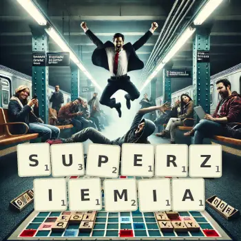 Kreatywna ilustracja do gry w Scrabble ze słowem SUPERZIEMIA ułożonym z płytek na planszy.