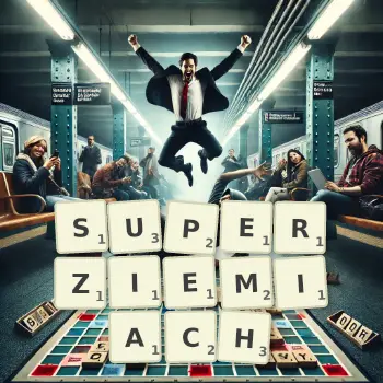 Kreatywna ilustracja do gry w Scrabble ze słowem SUPERZIEMIACH ułożonym z płytek na planszy.