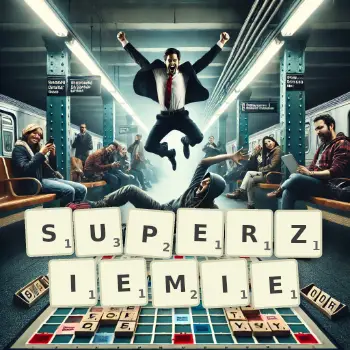 Kreatywna ilustracja do gry w Scrabble ze słowem SUPERZIEMIE ułożonym z płytek na planszy.